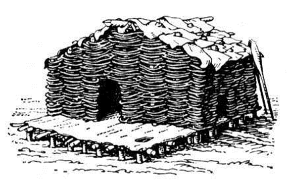 Рисунок 1. Реконструкция жилища. Модлонское свайное поселение. III–II тысячелетия до н.э. Протока Елома, Вологодская область. Изображение из: Брюсов А.Я. Караваевская стоянка / Сборник по археологии Вологодской области, 1961. С. 72-89. Адрес доступа: http://www.booksite.ru/fulltext/arh/eol/gia/5.htm