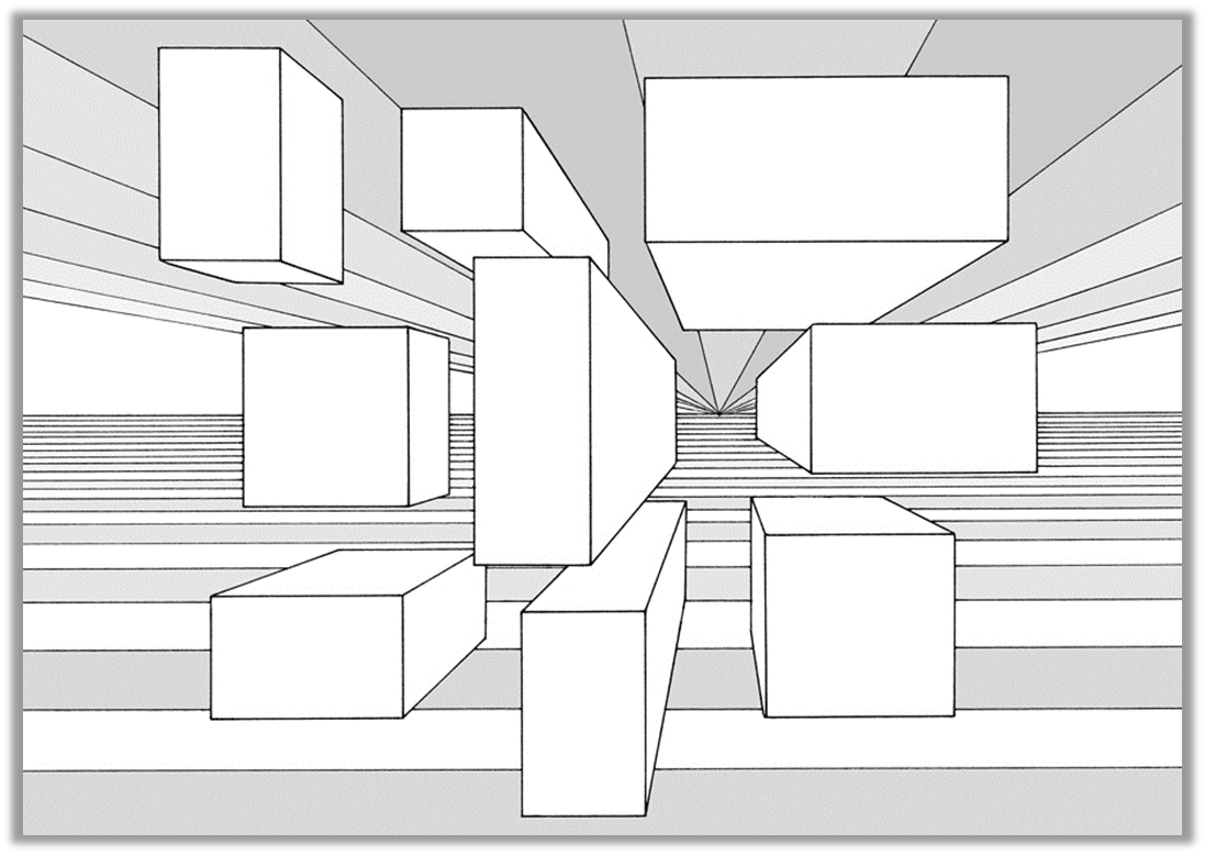Перспектива в композиции. Геометрические фигуры в перспективе. Перспектива рисунок. Композиция и перспектива. Объемно-пространственная композиция эскиз.