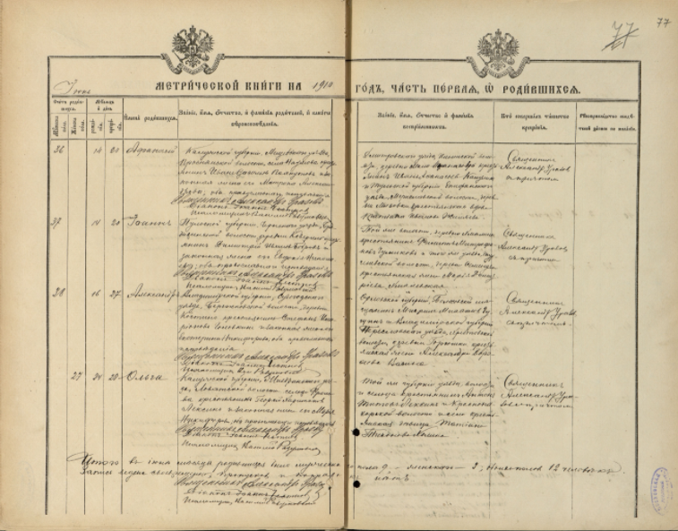 Метрическая книга за 1910 год, в которой упоминается брат моего прадеда