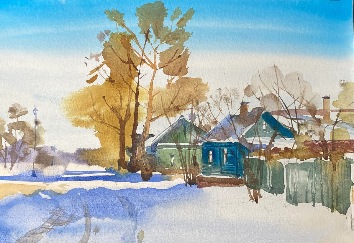 Попробовала кисточку в недавнем этюде. Дерево получилось в три мазка