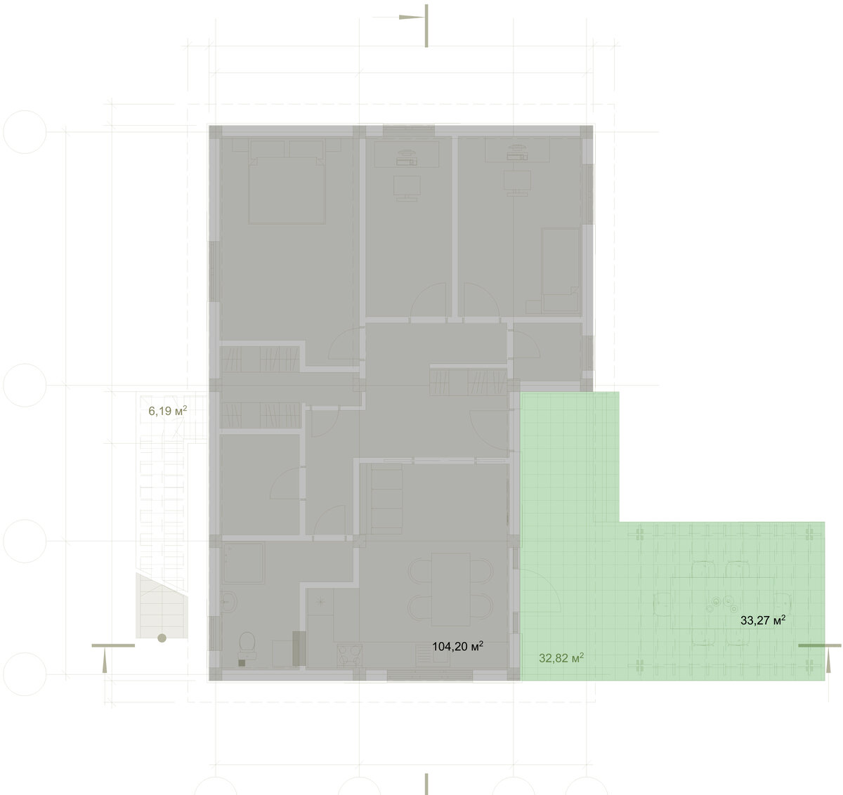 Серая зона - строительная площадь. Зелёная - площадь террасы. Их сумма - площадь застройки.