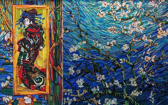 Самые известные картины Ван Гога, Гогена и других живописцев, художница воссоздает в так называемой технике mixed media, которая объединяет в себе, мозаику, инсталляцию и аппликацию, и требует куда больше материалов для творчества, чем обычная живопись, инсталляция, мозаика. Так, чтобы имитировать мазки кистью, Kyu-Hak Lee использует тонкие и длинные деревянные колышки, а чтобы придать им цветности, обматывает колышки цветными страничками из газет и журналов. А затем складывает получившийся "паззл", добиваясь максимальной точности с оригиналом.



"Стул" Гогена, "Стул" Ван Гога, "Ирисы" и разумеется, "Звездная ночь", которая после Джоконды является второй по популярности картиной для всяческих пародий и имитаций, - лишь короткий список знаменитых полотен, обработанных корейской художницей в своей индивидуальной манере и технике. И эти ее масштабные картины-инсталляции настолько любопытны и оригинальны, что галереи и салоны, в которых проходят выставки деревянно-бумажных имитаций, пользуются широкой популярностью.

