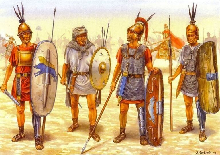 Начиная с левой стороны - Гастат, Велит, Триарий и Принципы. 275 год до нашей эры.