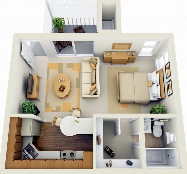 Кухня с мойкой и санузел в разных углах загородного дома