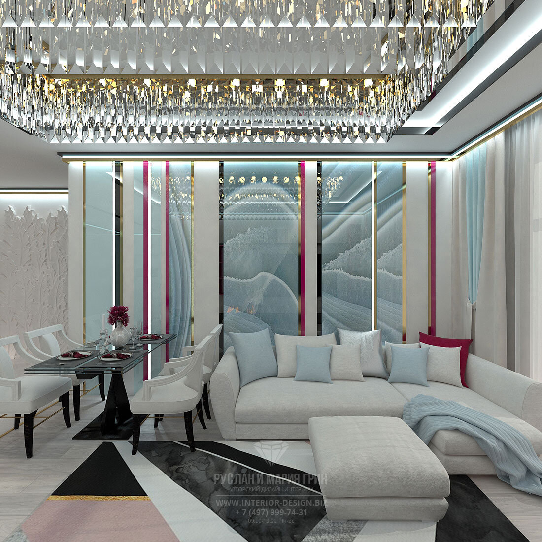 Бело-голубая гостиная с отделкой натуральным камнем