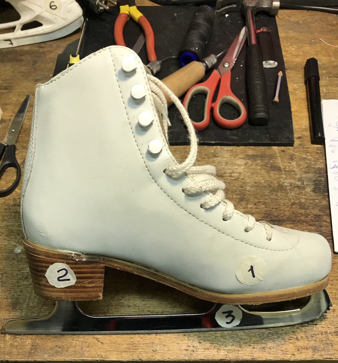 1- ботинок ; 2- каблук ; 3- лезвие .