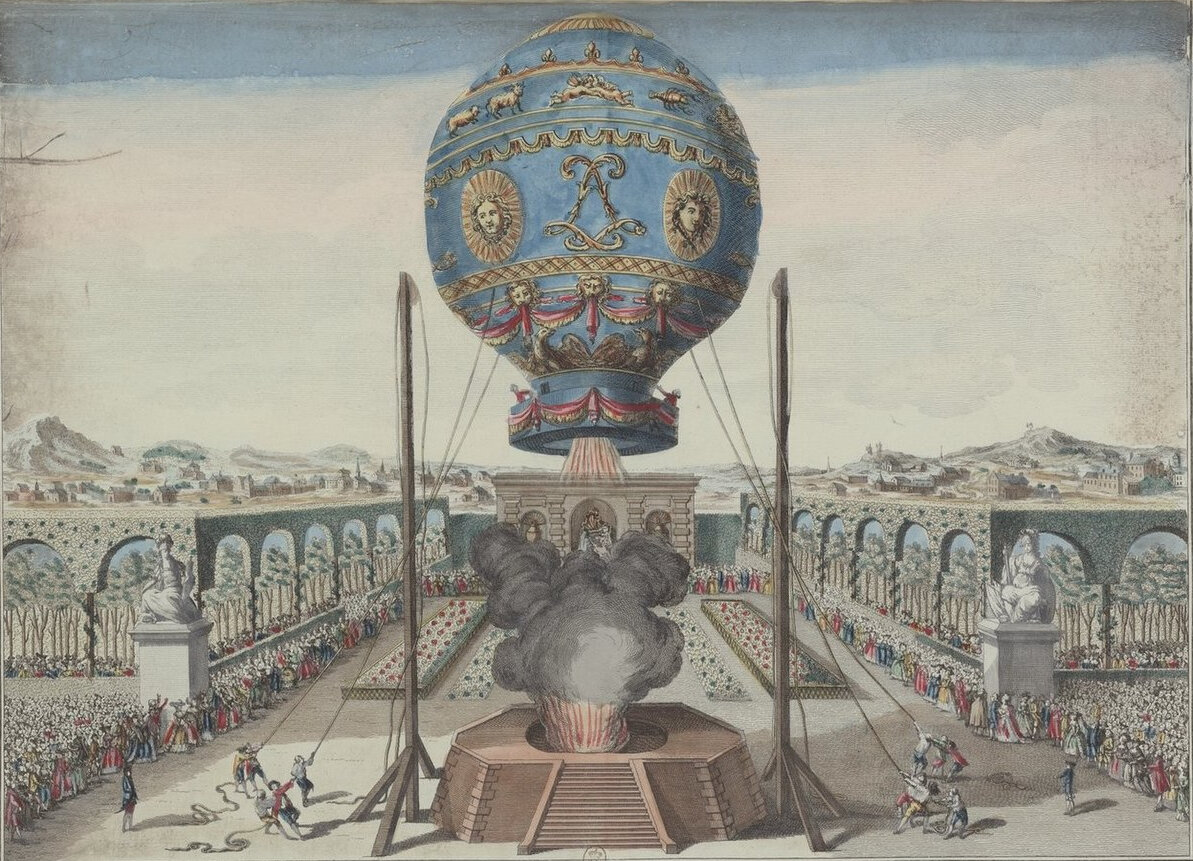 Воздушный шар братьев Монгольфье. Гравюра, 1783 год. Фото: Bibliothèque nationale de France, Public domain
