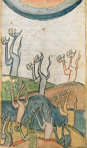 Миниатюра из Жития Василия Нового. XVIII век. Д. И. Антонов, М. Р. Майзульс. Демоны и грешники в древнерусской иконографии: семиотика образа. https://arzamas.academy/micro/monster/15