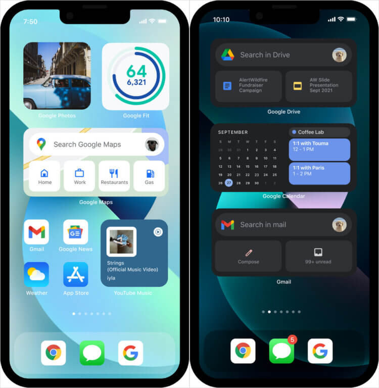 Вот так выглядит рабочий стол Айфона с приложениями и виджетами Google