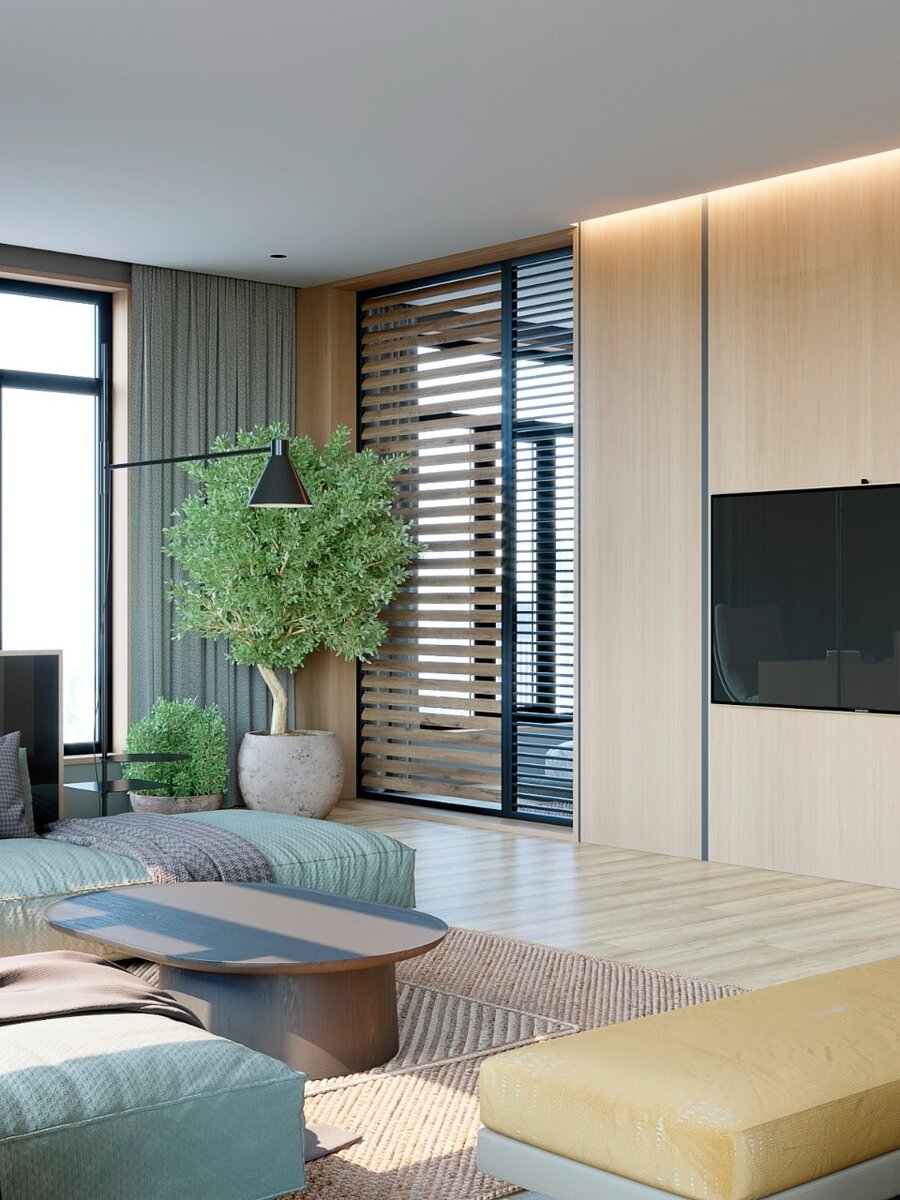 Проект интерьера для девушки﻿ дизайнера Павла Алексеева﻿ выполнен из натуральных природных материалов и украшен эффектными домашними цветами