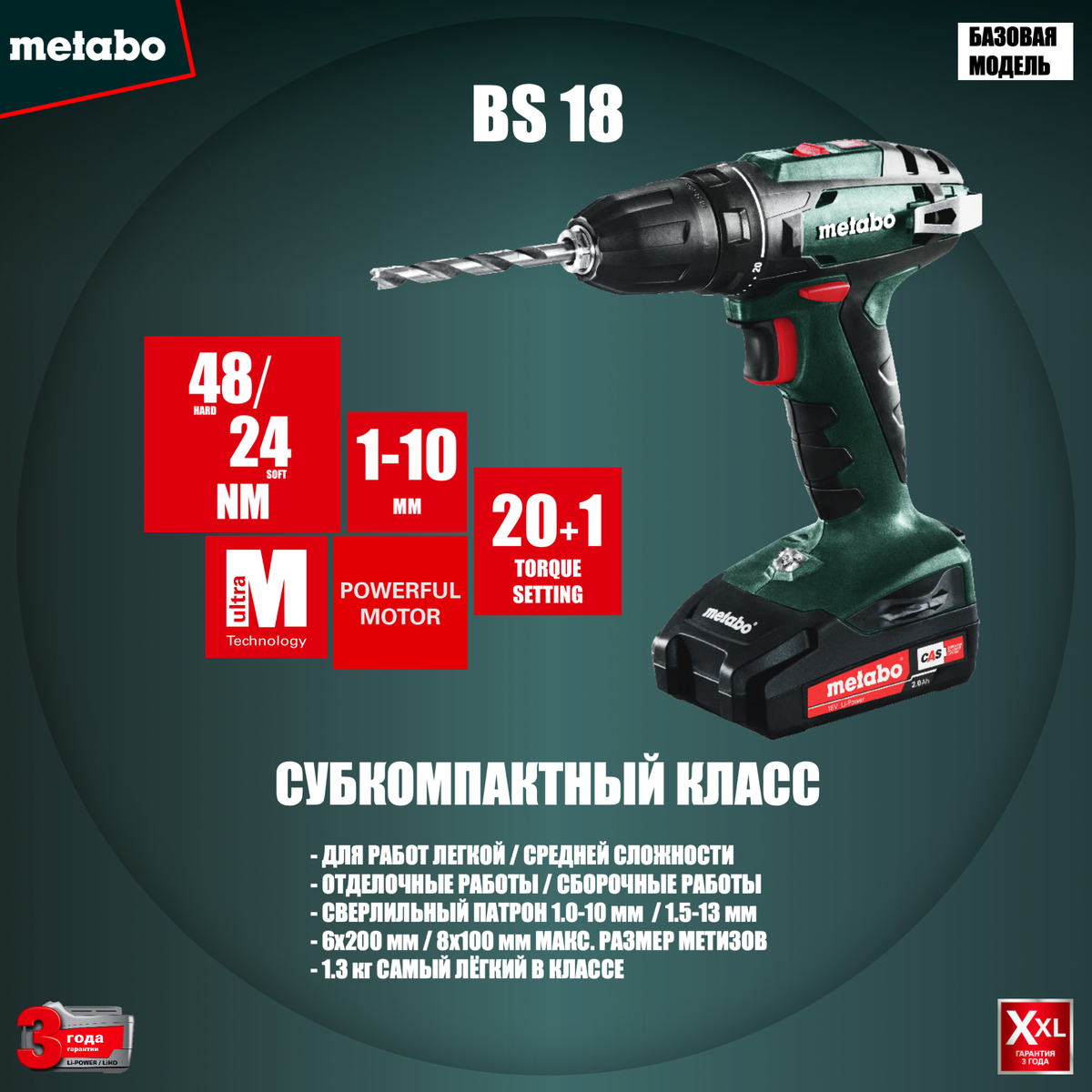 Metabo BS 18 - безударная дрель-шуруповёрт субкомпактного класса