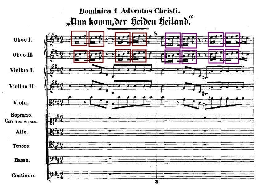Вступление к кантате "Nun komm, der Heiden Heiland" ("Гряди, Спаситель народов", BWV 62). Символ воскресения выделен цветными прямоугольниками.
