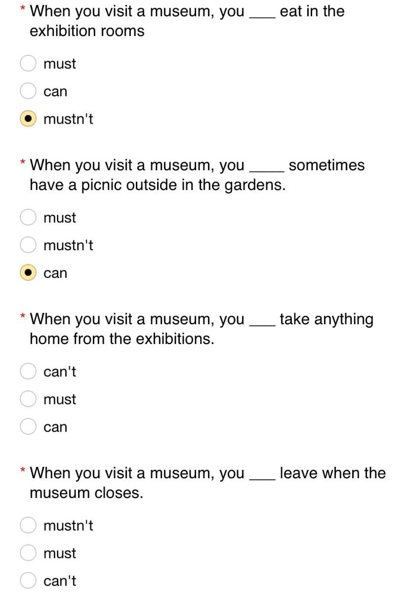 Вот так выглядел тест на модальные глаголы (как раз прошли в конце года).