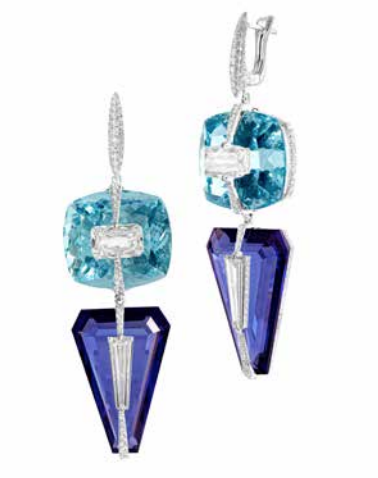 Серьги Kissing из белого золота с аквамаринами, танзанитами
и бриллиантами