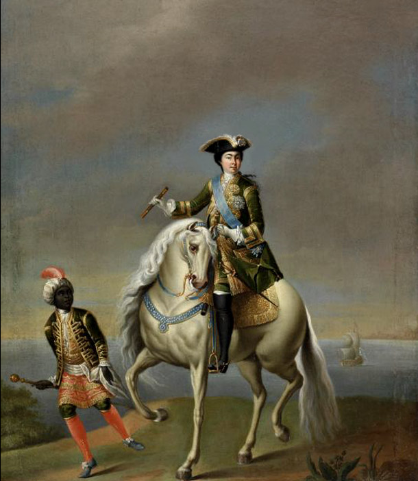 А вот портрет (посмертный) императрицы Екатерины I-й, и тоже на коне и с арапчонком. Также портрет работы Гроота, и тех же лет, видимо создан по указанию императрицы Елизаветы Петровны, пожелавшей в таком виде увековечить мать.