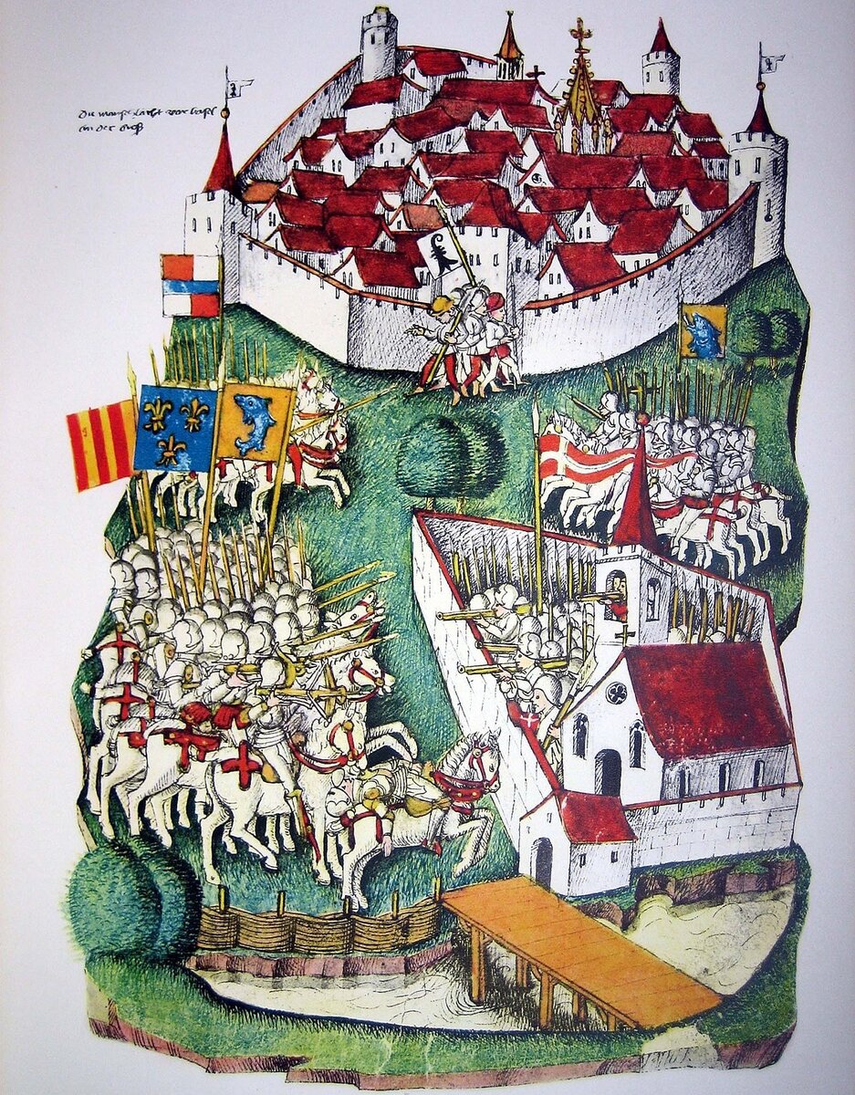 Битва при Санкт-Якобе у Бирса. Рисунок из «Хроники» Бенедикта Чахтлана