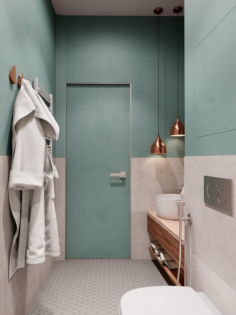 Зеленый, серый и много дерева. Современный интерьер трехкомнатная квартиры