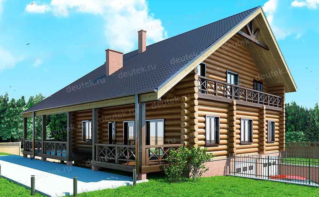 Проект деревянного дома 325 м2 из оцилиндрованного бревна с террасой - DTW0007