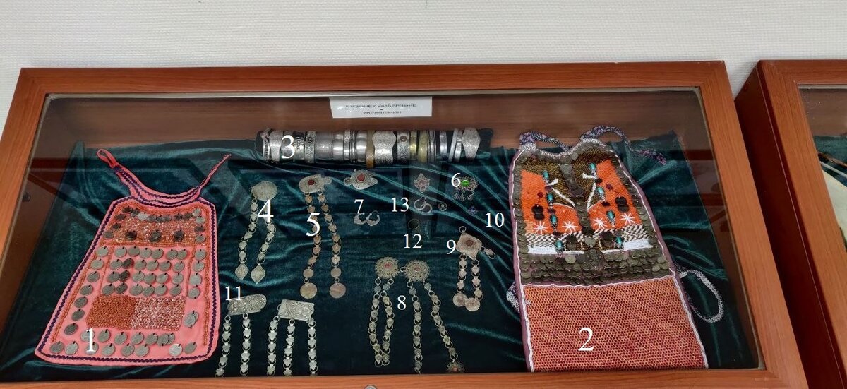 1. Нагрудник -  «һаҡал/күкрәксә/түшелдерек»  2. Украшение (селтәр)
3.браслеты – беләҙектәр
4. Застежка (ҡаптырма) часть овальной формы с круглым язычком на конце, на который напаяны семь колечек, образующие цветок. Рисунок и фон выполнен гравировкой, украшен геометрическим орнаментом.
5. Застежка-пряжка (ҡаптырма), состоящая из 2-х деталей. На одной из них петля, на другой фрагмент с крючком утрачен. Застежка круглой формы, изготовленная в технике филиграни. В середине каждой завальцован граненый камень овальной формы красного стекла.
6. Брошь – украшение  неправильной формы,  с тремя подвесками в виде  треугольников, выполненное в технике филигрань. По центру вставка из зеленого стекла овальной формы.
7. Серьги - алҡалар
8. Застежка-пряжка (ҡаптырма),
9. Сулпы парные украшения в виде серебряных или медных подвесок.
10. Пуговица – төймә
11. Застежка-пряжка (ҡаптырма), состоящая из 2-х деталей.
12. Кольца - йөҙөктәр
13. Серьги - алҡалар
