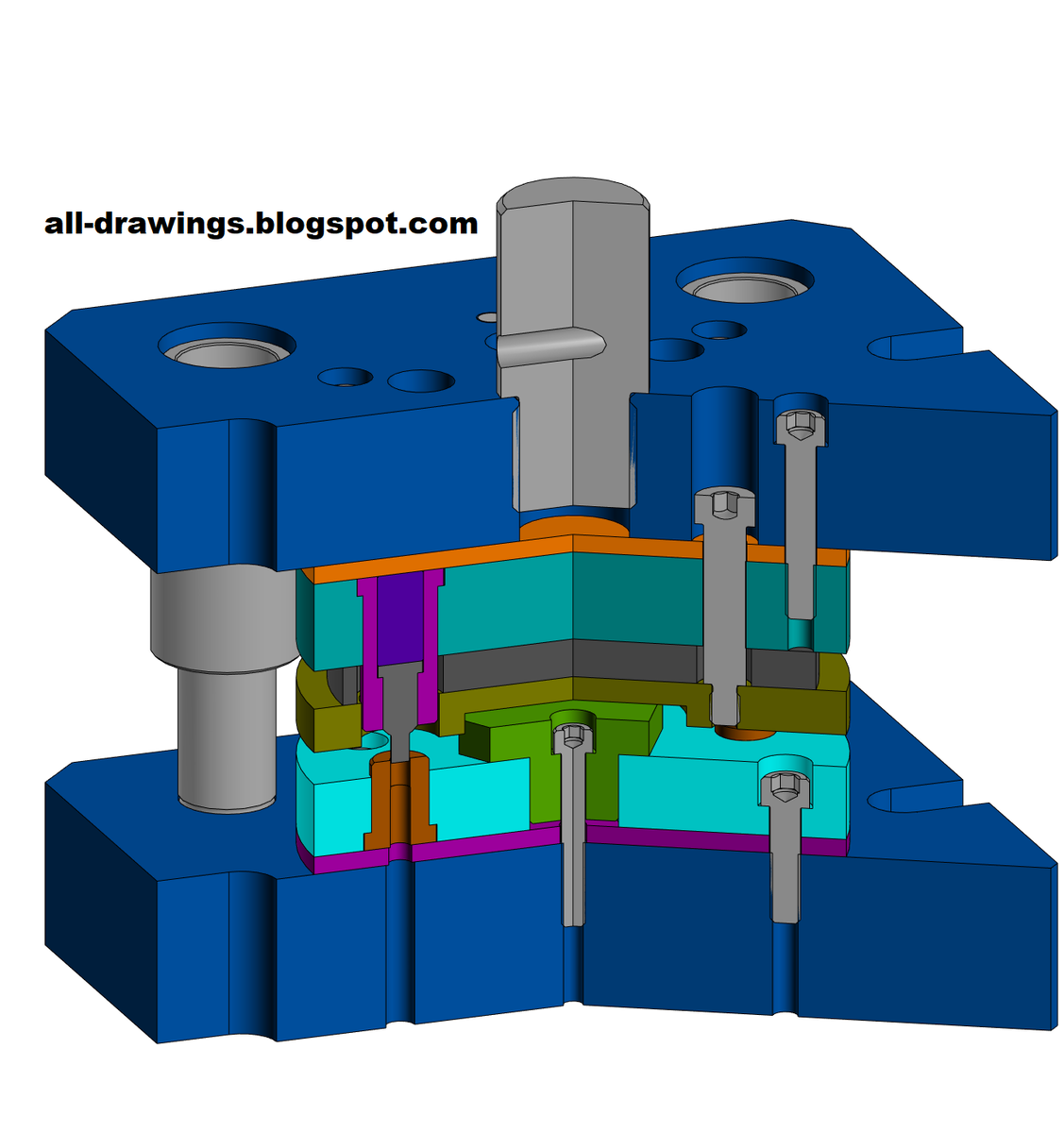 3D модель и чертежи штампа пробивки шести отверстий в кольце