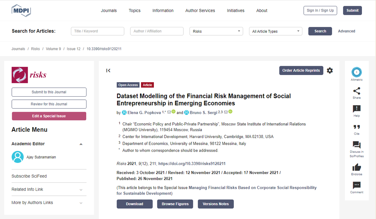 Popkova, E.G., Sergi, B.S. (2021). Dataset modelling of the financial risk management of social entrepreneurship in emerging economies. Risks, 9(12), 211. https://doi.org/10.3390/risks9120211