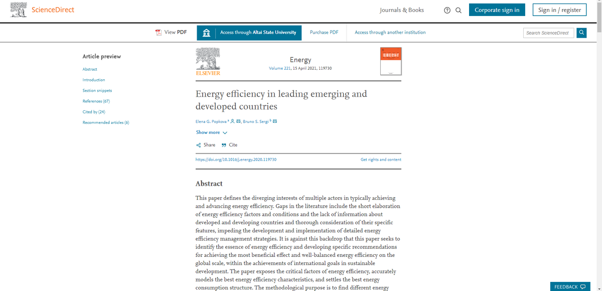 Popkova, E.G., Sergi, B.S. (2021). Energy efficiency in leading emerging and developed countries. Energy, 221, 119730. https://doi.org/10.1016/j.energy.2020.119730