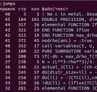 Слева номер прыжка, далее номер строки и номер столбца (позиция в строке), далее имя файла, если файл не текущий, либо текст в текущем файле. И можете перемещаться, например, 36<C-O> Номер прыжка - это значение повторителя, которое нужно, чтобы попасть в данное место. После этого оно станет иметь номер 0.
