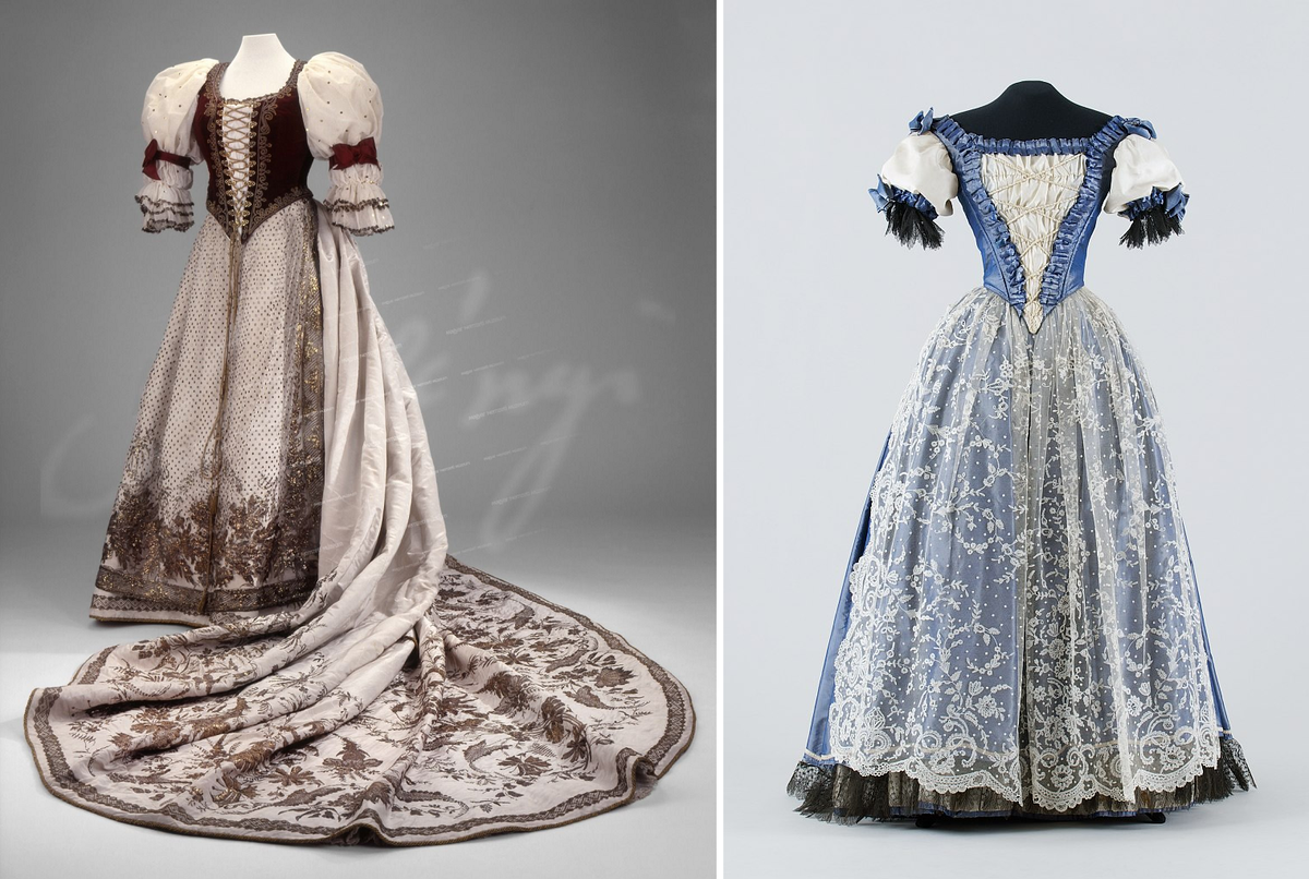 Слева - платье графини Стефании Майлат, которое она надевала на коронацию 1867 г. (с) Из коллекции Венгерского национального музея (Будапешта). Справа - придворный наряд, ок. 1870. (с) Из коллекции Музея прикладных искусств (Будапешт).