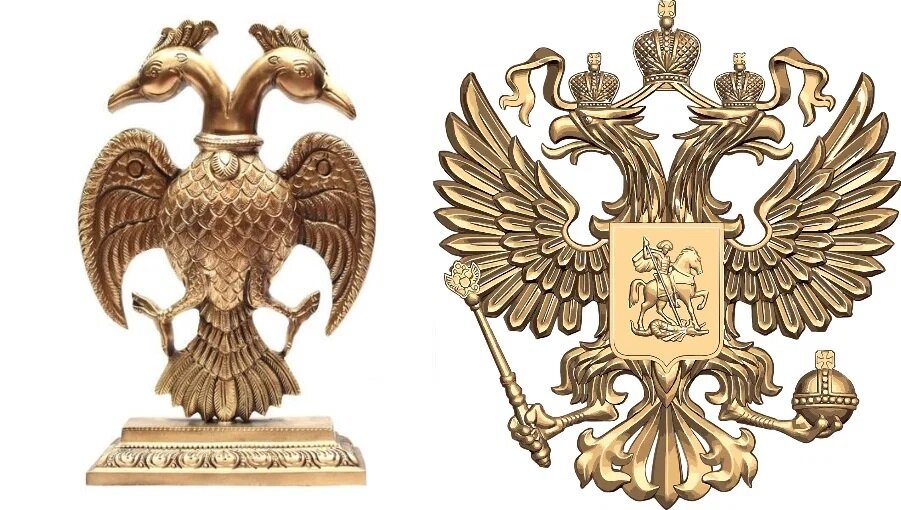 Ведический Гандабхерунда (слева) и герб России (справа)
