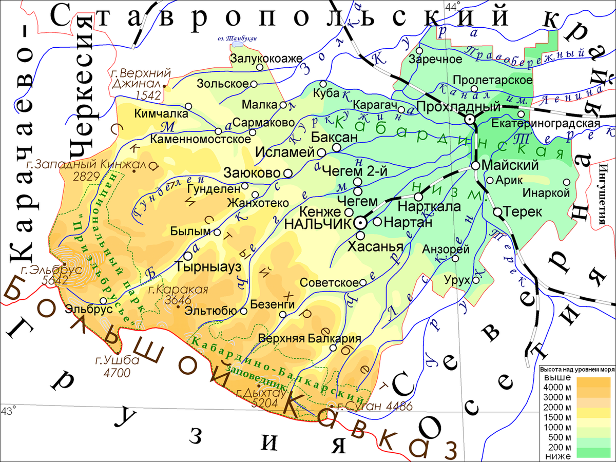 Карта кабардино балкарии с городами и селами подробная