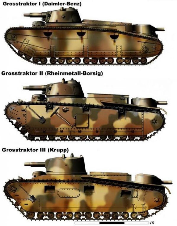 Танк Grosstraktor в трёх вариациях от разных производителей (изображение взято с Яндекс. Картинок)