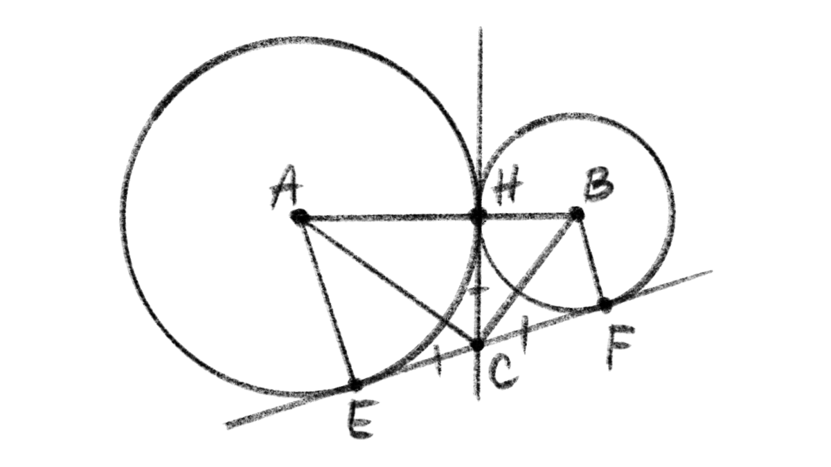 Найти отрезок EF, где E и F - точки касания окружностей и прямой