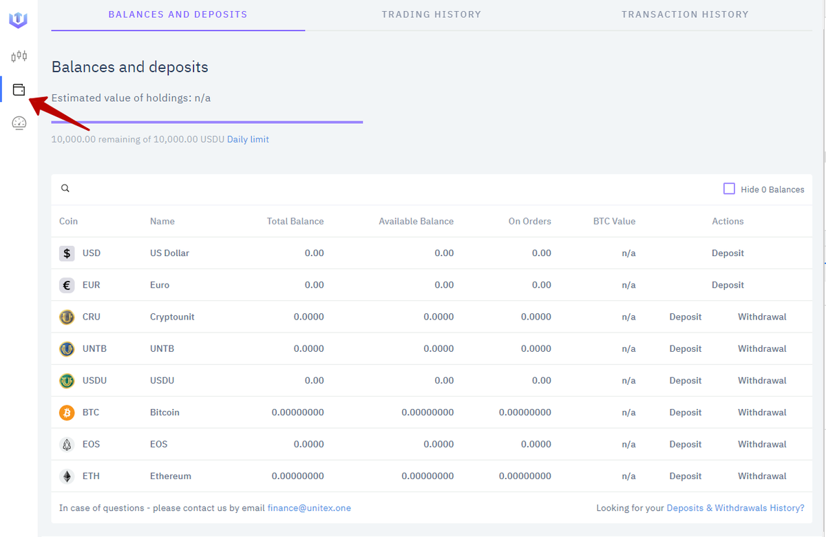 Fig. 1. UnitEx Exchange - Balances and deposits