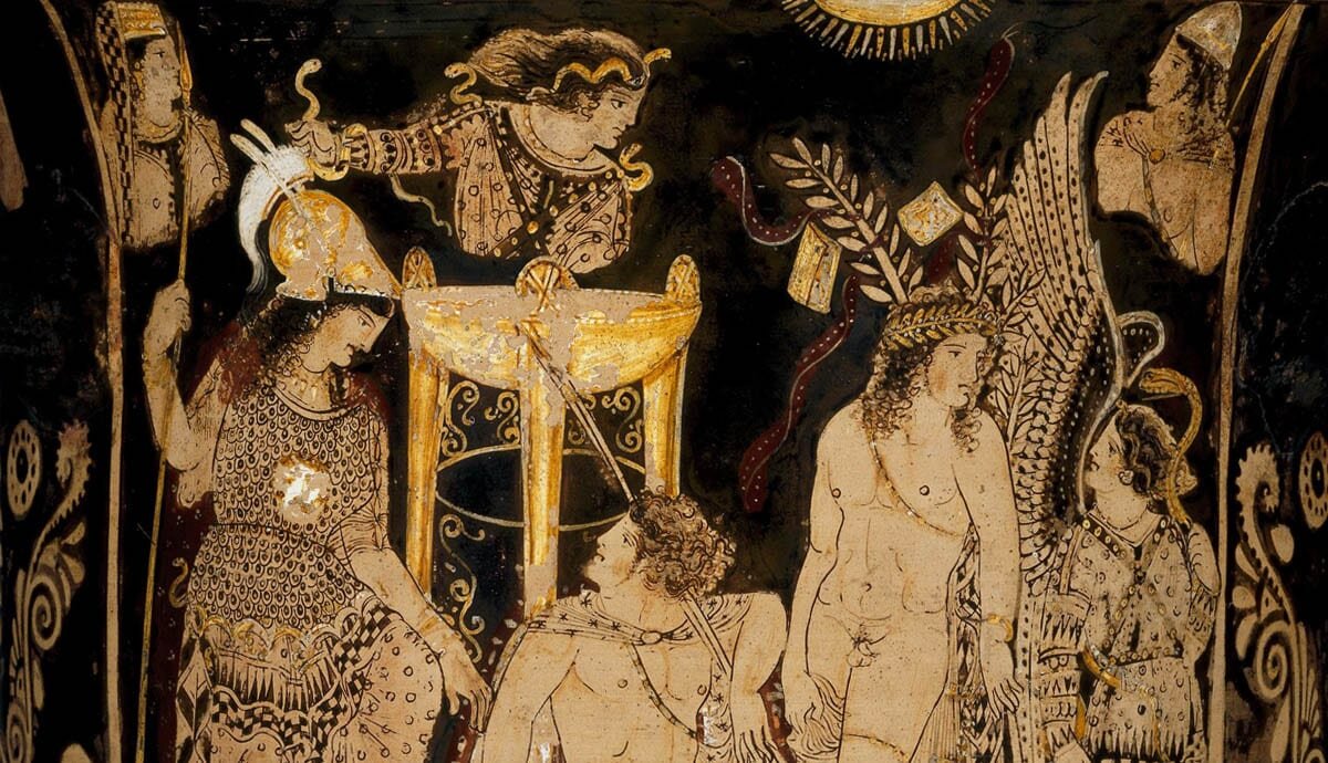 Фрагмент краснофигурного колокола, изображающего Ореста, посещающего Дельфы, чтобы попросить помощи у Аполлона и Афины, 4 век до н. э. Любезно предоставлено Британским музеем искусств. 