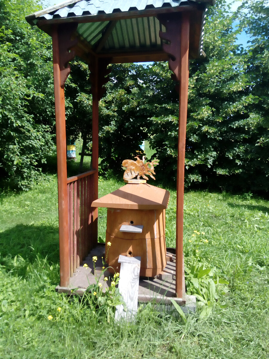 На пасеке есть как обычные разноцветные, так и такие интересные ульи, стоящие отдельно