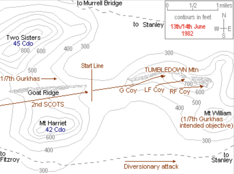 Движение 1-го батальона непальских стрелков к горе Уильям 14 июня 1982 года