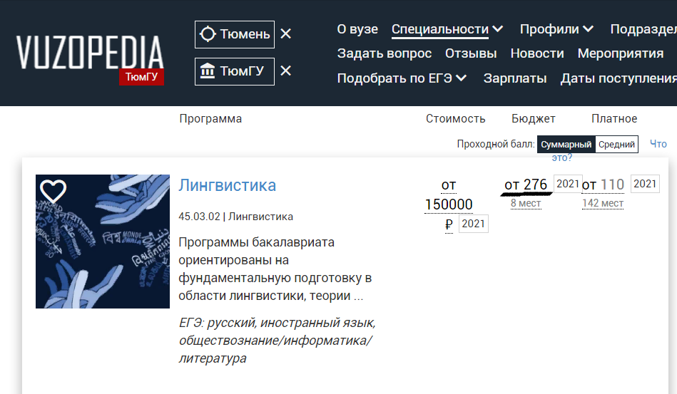 В 2021 году ситуация примерно та же, что два года назад: проходной балл на бюджет начинается с 276 баллов, бюджетных мест — всего 8