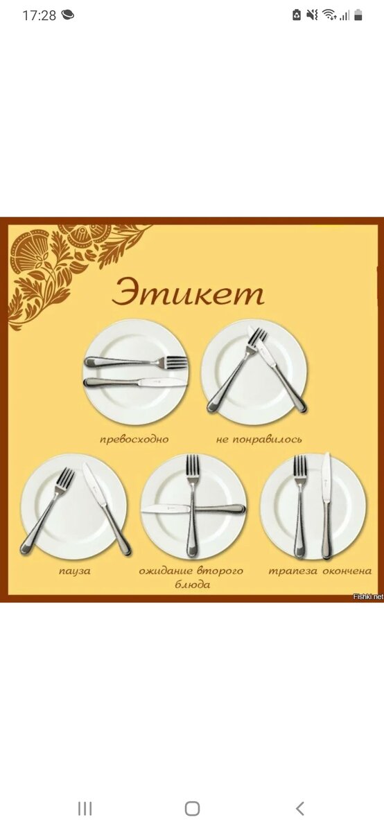 Доброго времени суток дорогие друзья. Стоит ли принимать пищу используя нормы и правила этикета? Некоторые с детства живут по этим нормам, кто-то о них никогда не слышал. И мнение каждого человека я уважаю. Каждый сам принимает решение, как ему лучше трапезничать. Конечно, я не говорю о использовании одних и тех же приборов разными людьми одновременно или не использование приборов вовсе. Есть строгие правила, а есть элементарные правила поведения, правила морали. Расскажите, а как Вы относитесь к этой теме? Жду ваших комментариев.  Спасибо друзья)))