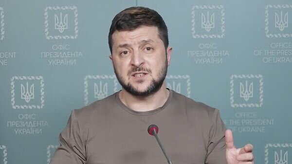    Президент Украины Владимир Зеленский во время телеобращения. Кадр из видео© AP Photo / Ukrainian Presidential Press Office