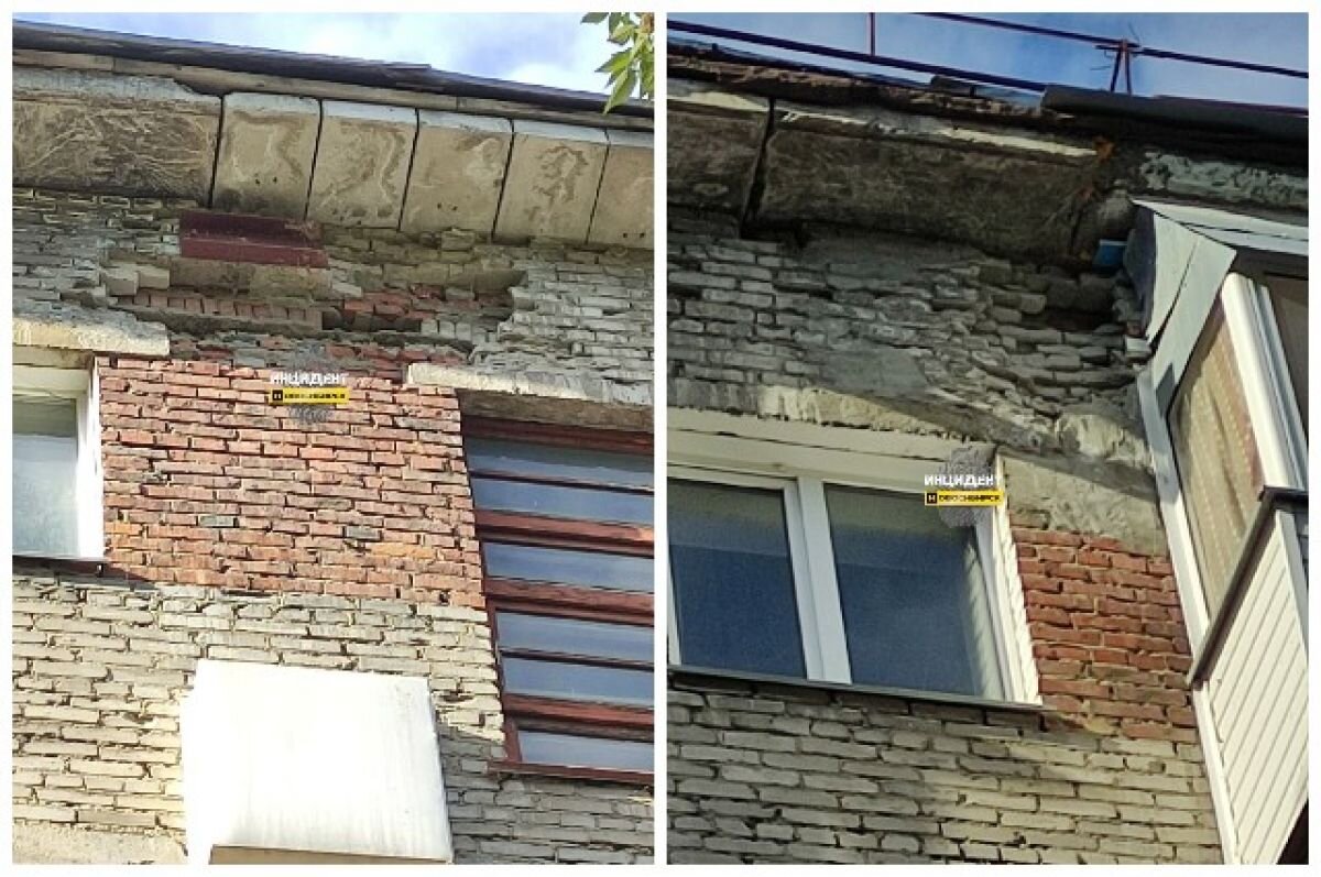    Кирпичная стена разрушается в доме на улице Блюхера в Новосибирске