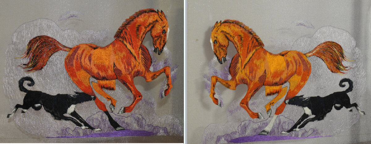 "Собака и лошадь". Двусторонняя гладь на шифоне. Лицо и изнанка.