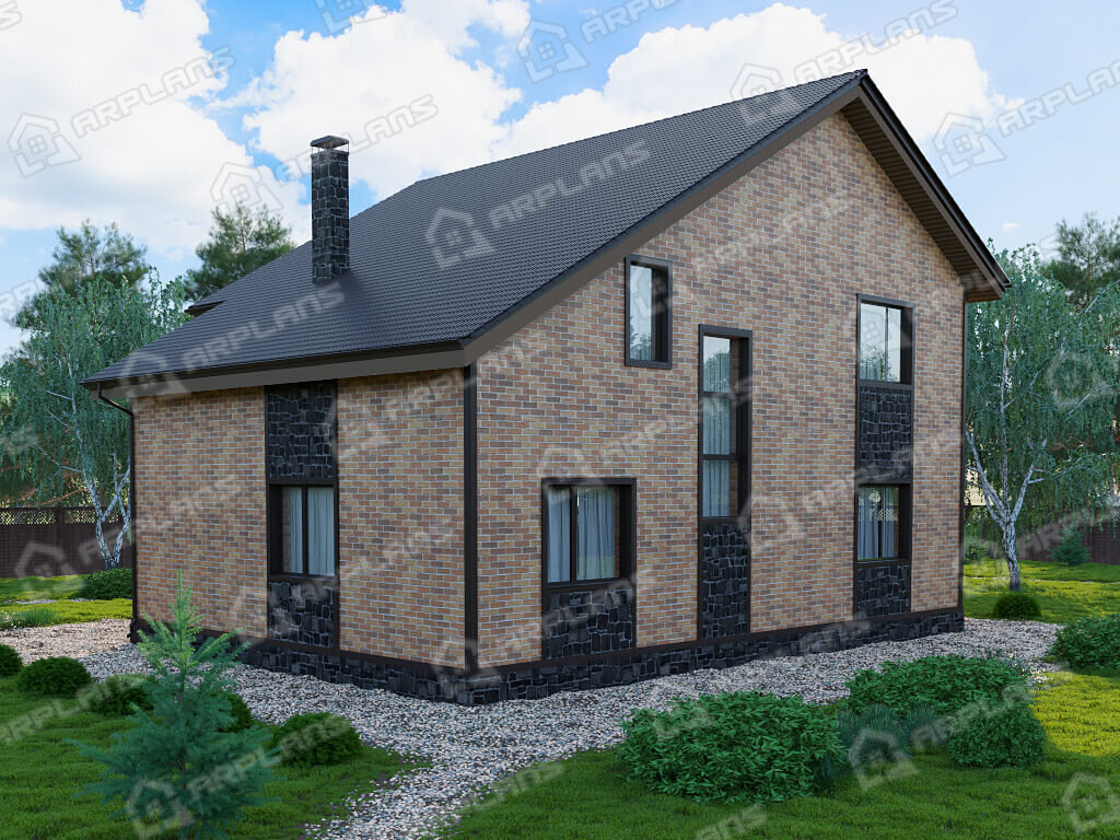 Фото 2 двухэтажного дома из газобетона с мансардой, 3 спальнями, гостевой, балконом, террасой и газовой котельной. Полезна площадь 200 кв м. Источник arplans.ru Проект К-040