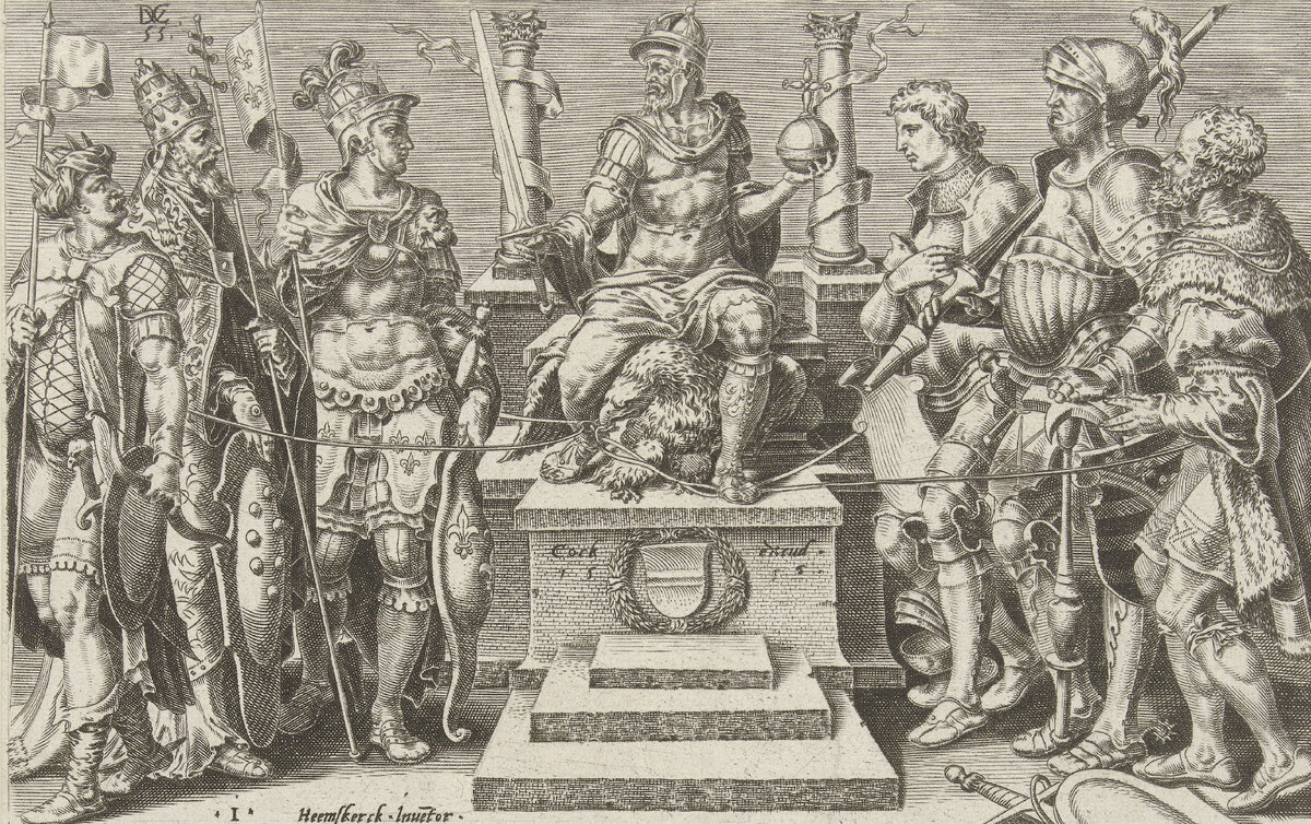 Карл V на престоле над его поверженными врагами (слева направо): Сулейманом Великолепным, папой Климентом VII, Франциском I, герцогом Клеве, герцогом Саксонии, ландграфом Гессена. Художник: Джулио Кловио