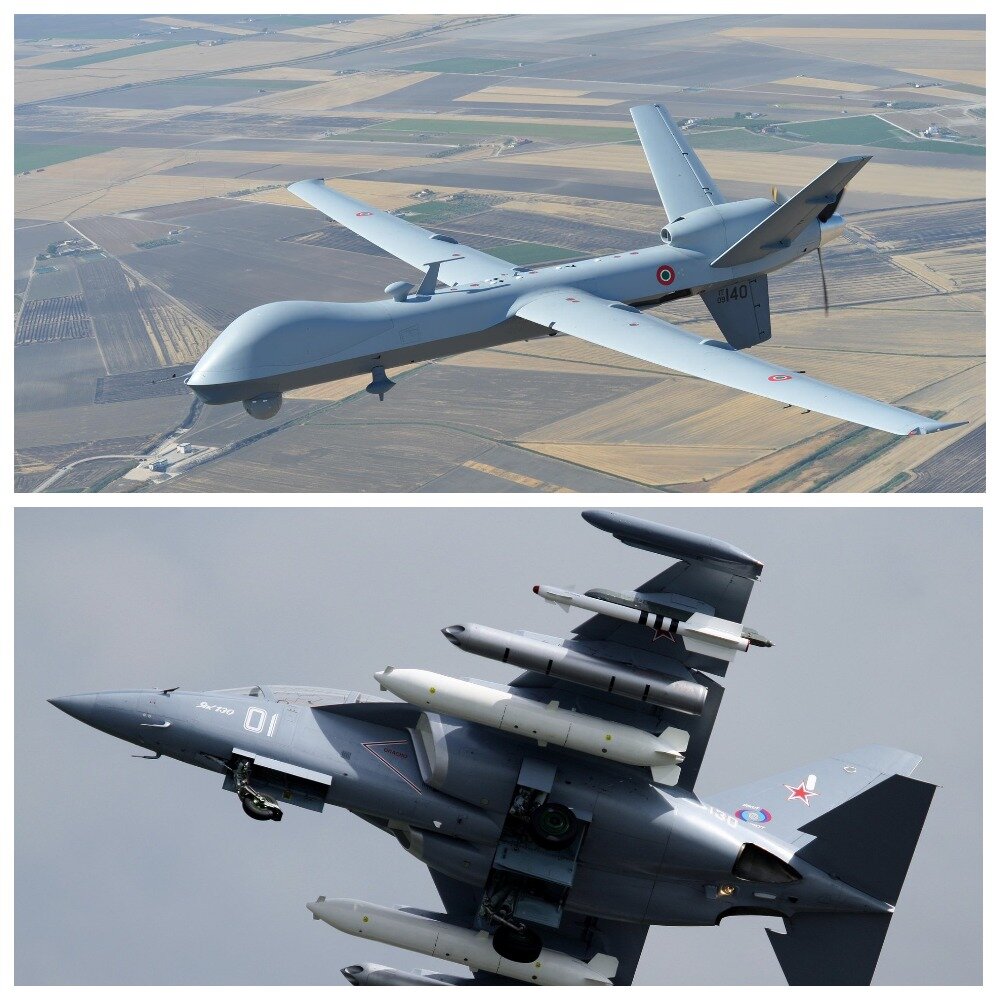 Коллаж из картинок бесплатно доступных в сети Интернет. Сверху БПЛА MQ-9 Reaper», внизу ЯК-130.