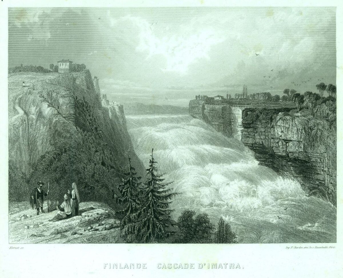 Вид водопада Иматры в Финляндии, гравюра на стали / автор: Керно Д.Х. / Париж, 1825-1850 гг.