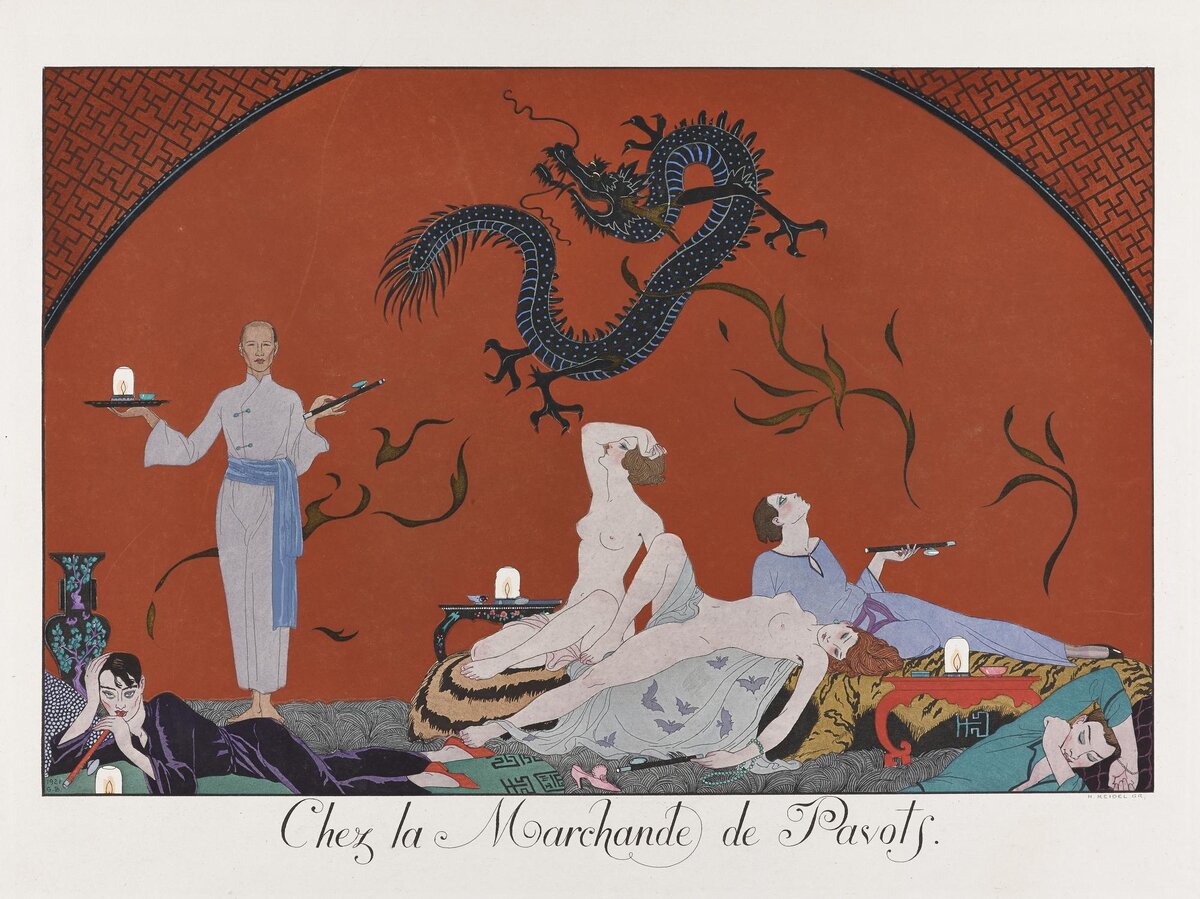 Fashion plate 'Chez la marchande de pavots'. By Georges Barbier, from Le Bonheur du Jour, Paris, 1921 © National Museum of Scotland