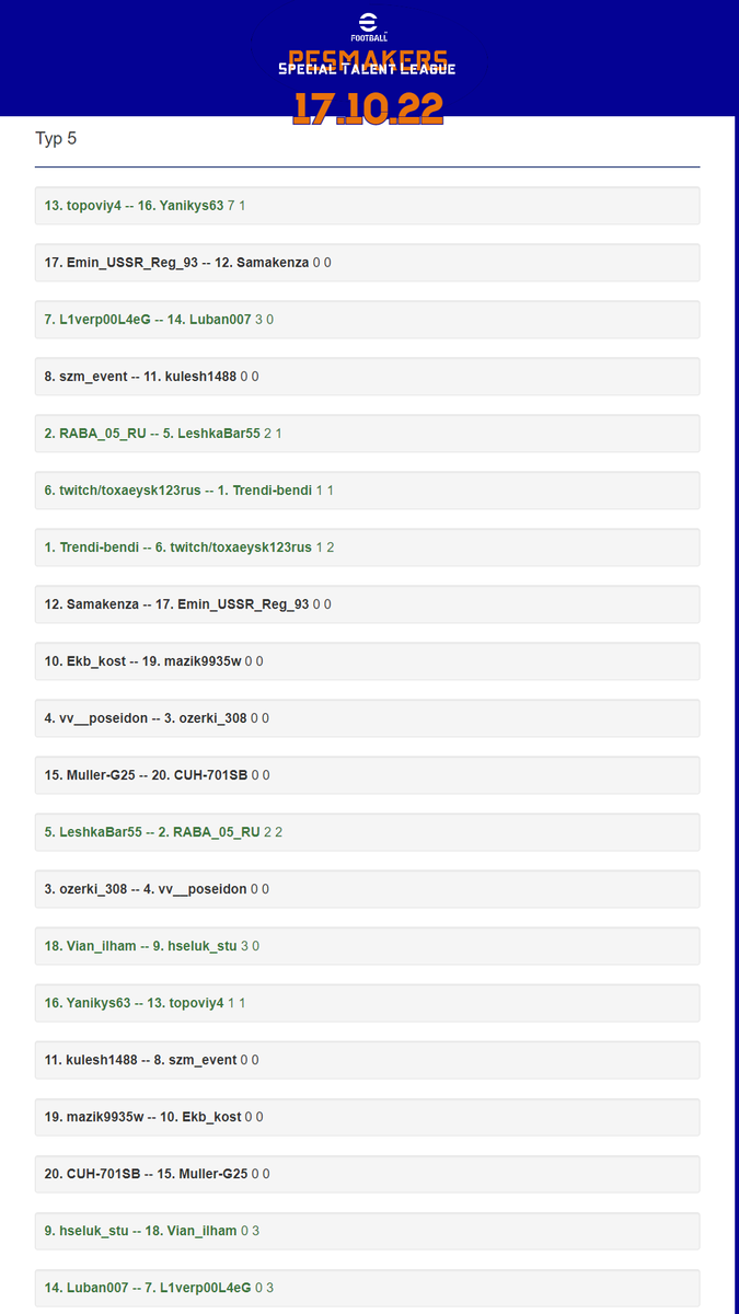 Рекомендуемый график игр на следующий Тур 5 - 17.10.22.