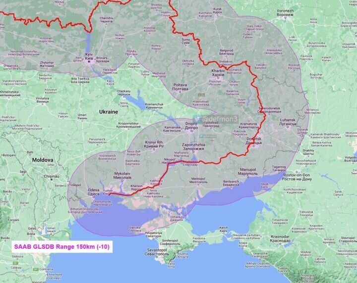 Радиус действия высокоточного боеприпаса GLSDB. Источник: t.me/sevreal.