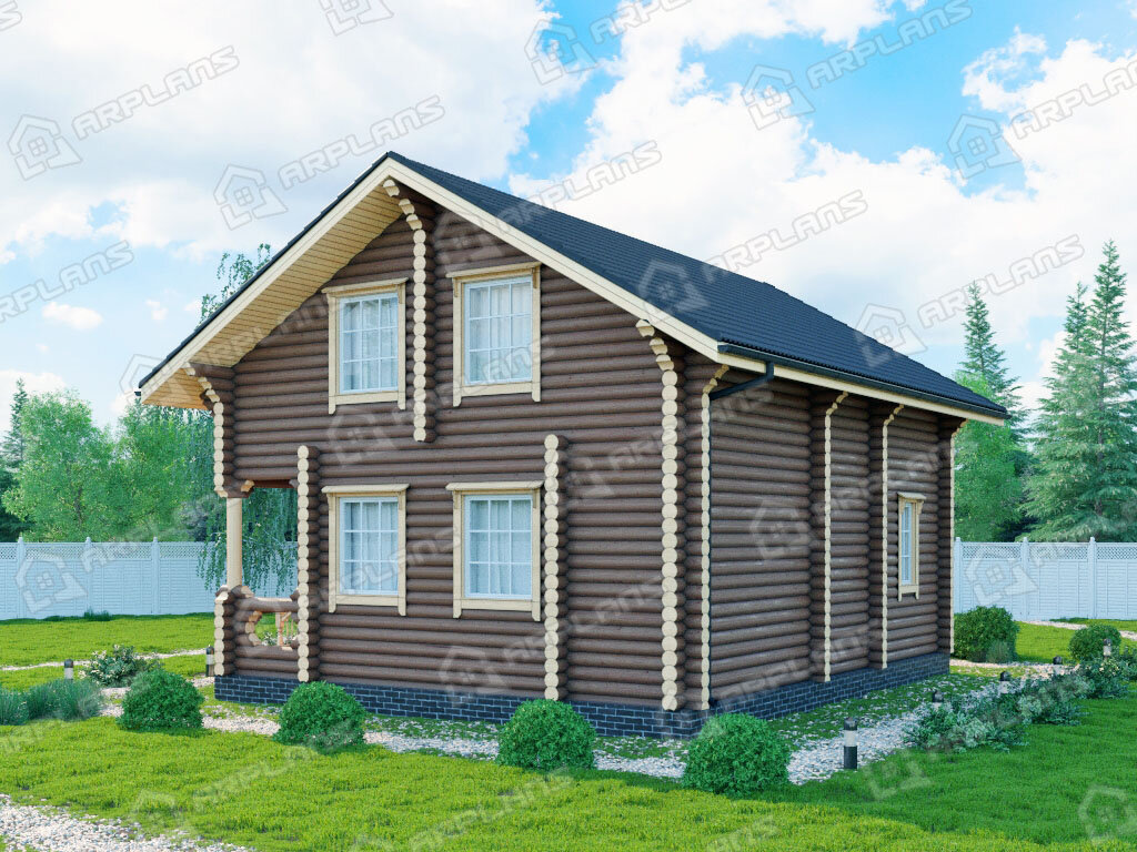 Фото 2 деревянного дома из бревна с мансардой, 4 спальнями и топочной. Площадь  110 кв м. Источник arplans.ru Проект ДО-138