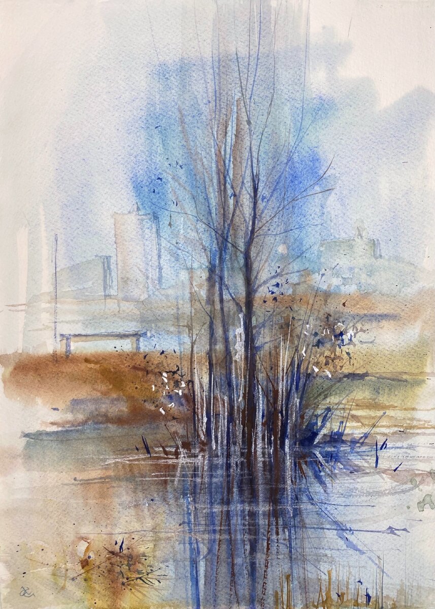 Мокрый пейзаж.  Петербург. А3. Акварель.